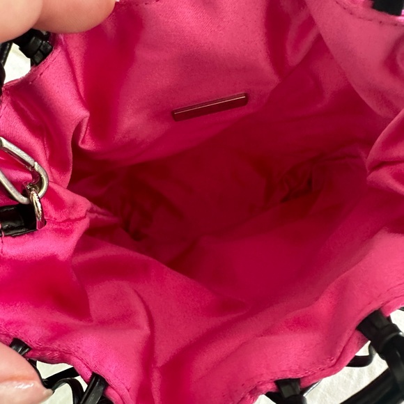 Prada Black Leather Net Woven Pink Satin Triangle Logo Drawstring Bag - Picture 6 of 7